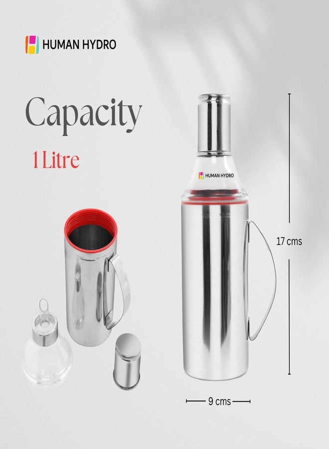 Human Hydro موزع زيت هيومان هيدرو من الفولاذ المقاوم للصدأ سعة 1000 مل (عبوة من 3 قطع) بمقبض | مصنوع من الفولاذ المقاوم للصدأ الآمن غذائيًا، مزود بفوهة صب مانعة للتنقيط وغطاء مانع للتسرب | علبة لحفظ الزيت/الخل في المطبخ | مقاوم للصدأ، سهل التنظيف - Image 3