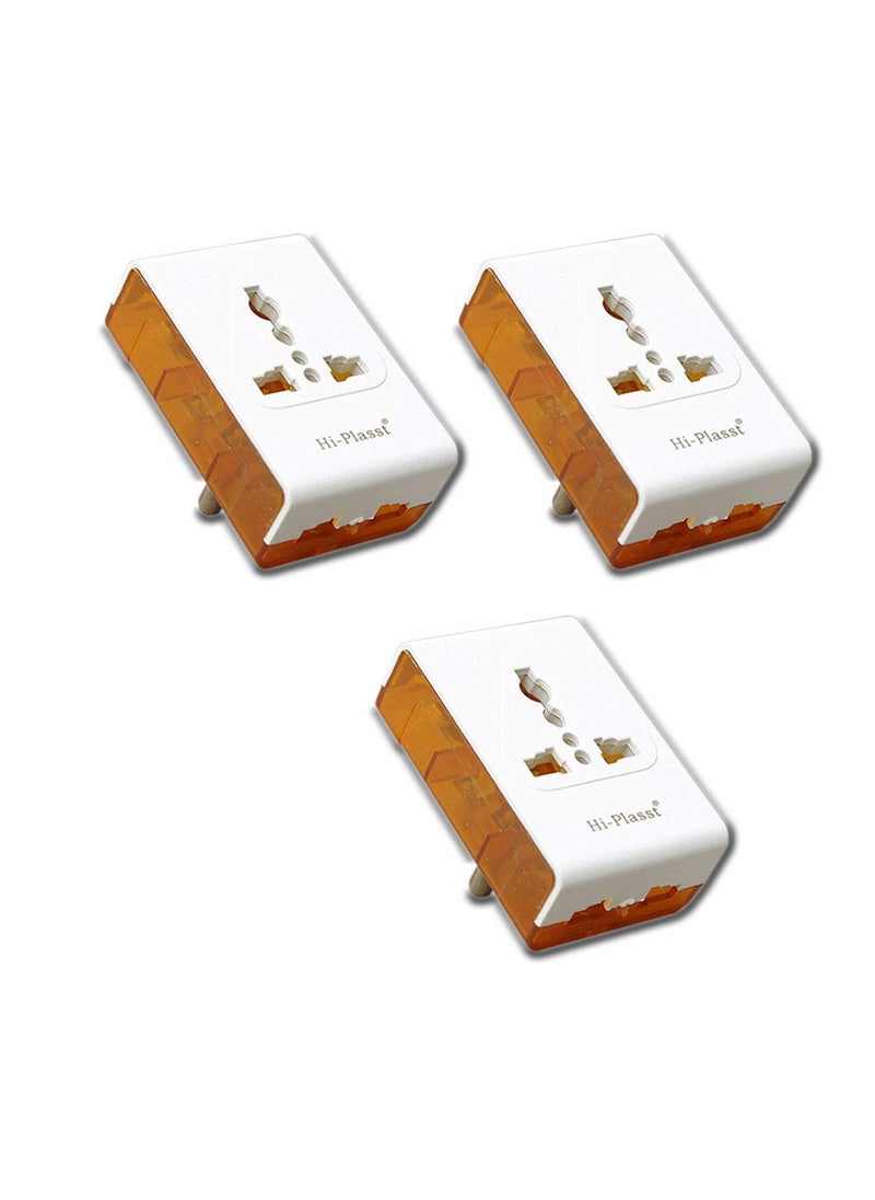 HI PLASST PINS N PLUGS HiPlasst Pack of 3 3Pin Multi Plug with Type D Plug Universal Socket 2X 2Pin 1x 3Pin Outlets USUKEU to India Travel Converter Plug 6A for International Devices White Orange  - Image 1