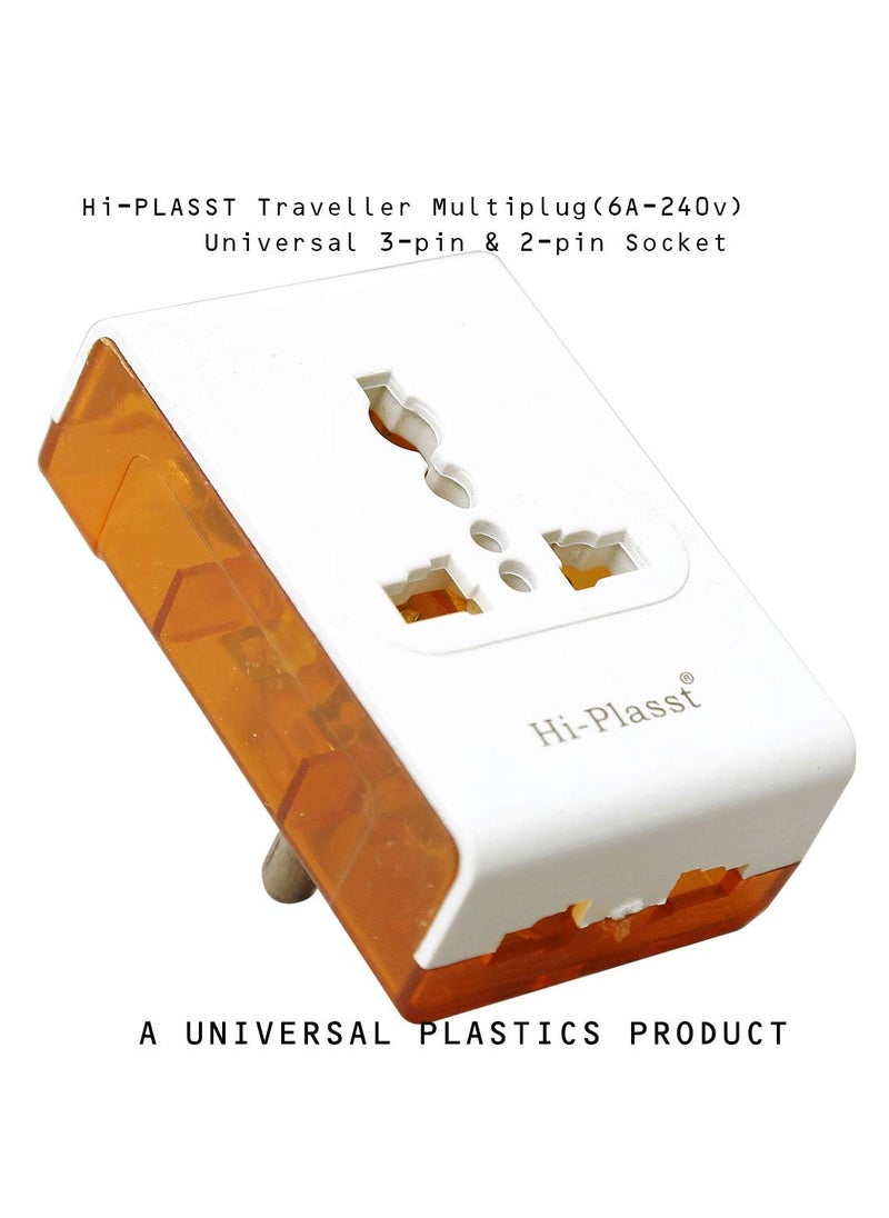 HI PLASST PINS N PLUGS HiPlasst Pack of 3 3Pin Multi Plug with Type D Plug Universal Socket 2X 2Pin 1x 3Pin Outlets USUKEU to India Travel Converter Plug 6A for International Devices White Orange  - Image 5