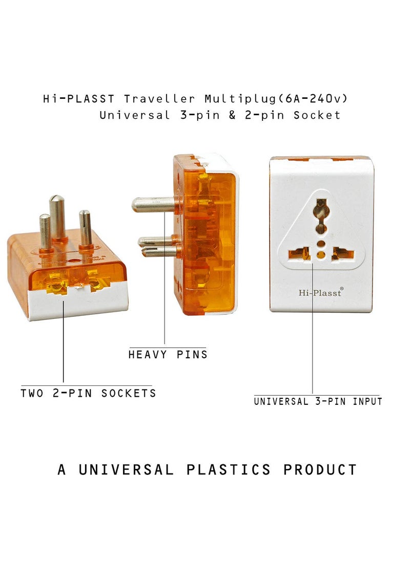 HI PLASST PINS N PLUGS HiPlasst Pack of 3 3Pin Multi Plug with Type D Plug Universal Socket 2X 2Pin 1x 3Pin Outlets USUKEU to India Travel Converter Plug 6A for International Devices White Orange  - Image 2