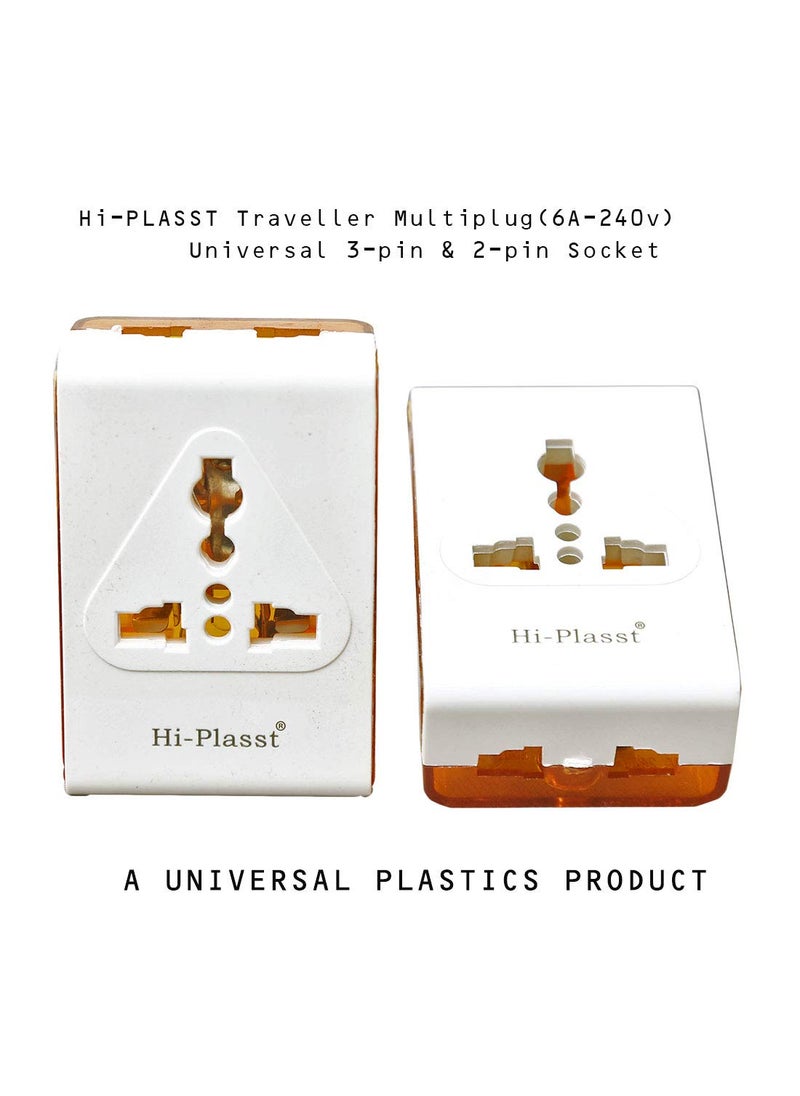 HI PLASST PINS N PLUGS HiPlasst Pack of 3 3Pin Multi Plug with Type D Plug Universal Socket 2X 2Pin 1x 3Pin Outlets USUKEU to India Travel Converter Plug 6A for International Devices White Orange  - Image 4