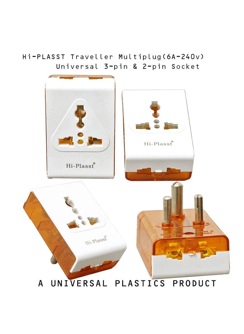HI PLASST PINS N PLUGS HiPlasst Pack of 3 3Pin Multi Plug with Type D Plug Universal Socket 2X 2Pin 1x 3Pin Outlets USUKEU to India Travel Converter Plug 6A for International Devices White Orange  - Image 3