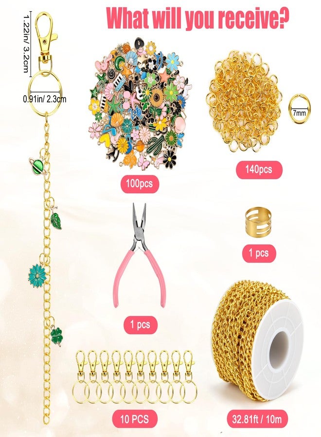 SelfTek طقم صنع سلسلة المفاتيح SelfTek 253 قطعة مع تعليقات، طقم سلسلة مفاتيح DIY مع 100 قطعة تعليقات مينا، 140 حلقة قفز و 32.81 قدم من السلاسل الذهبية للحرف اليدوية للنساء - Image 2