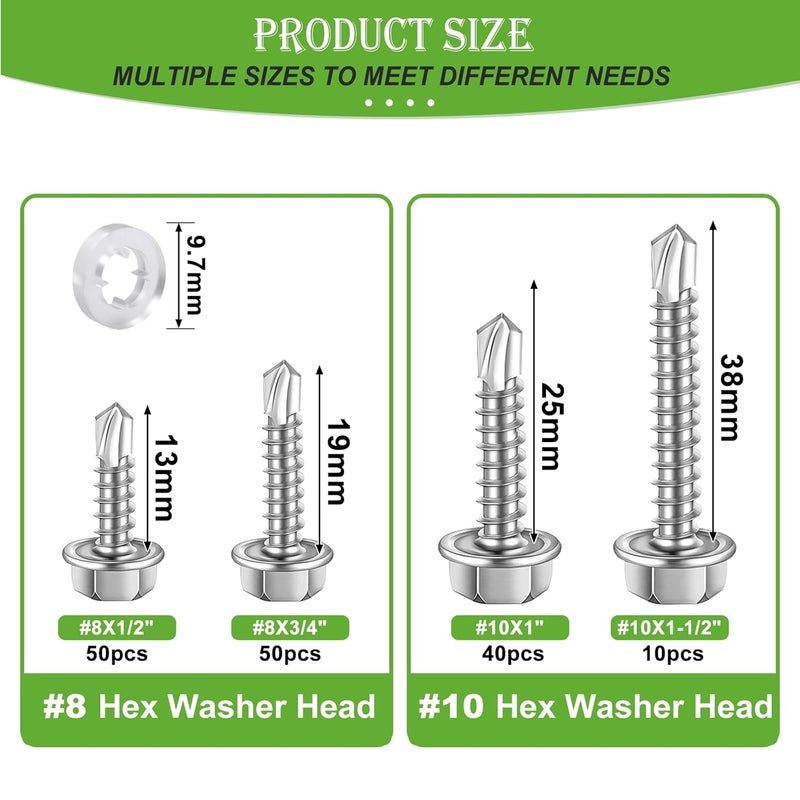 mxuteuk 300PCS #8#10 Self Tapping Screws for Metal,410 Stainless Steel Self Drilling Screws,Hex Washer Head Sheet Metal Screws Suitable for Wood, Metal or Tough Materials(150pcs Screw+150pcs Washer) - Image 2