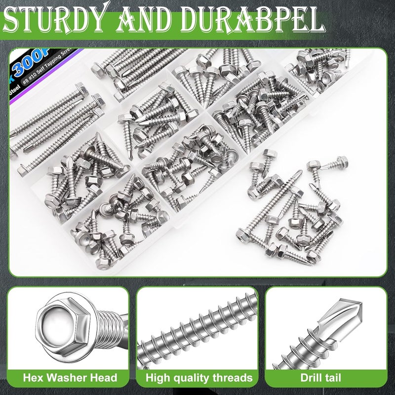 mxuteuk 300PCS #8#10 Self Tapping Screws for Metal,410 Stainless Steel Self Drilling Screws,Hex Washer Head Sheet Metal Screws Suitable for Wood, Metal or Tough Materials(150pcs Screw+150pcs Washer) - Image 3