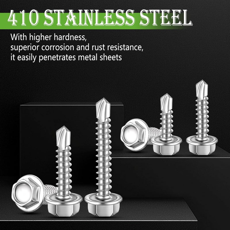 mxuteuk 300PCS #8#10 Self Tapping Screws for Metal,410 Stainless Steel Self Drilling Screws,Hex Washer Head Sheet Metal Screws Suitable for Wood, Metal or Tough Materials(150pcs Screw+150pcs Washer) - Image 5