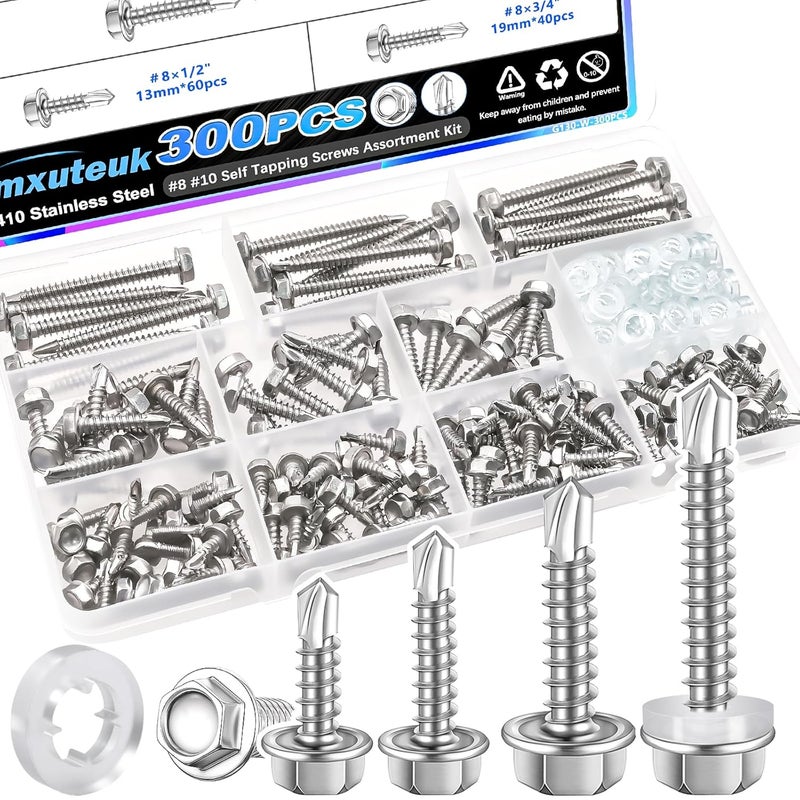 mxuteuk 300PCS #8#10 Self Tapping Screws for Metal,410 Stainless Steel Self Drilling Screws,Hex Washer Head Sheet Metal Screws Suitable for Wood, Metal or Tough Materials(150pcs Screw+150pcs Washer) - Image 1