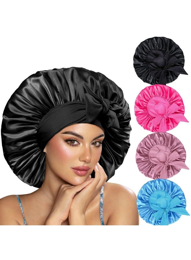 Cospack Silk Satin Hair Bonnet Cap: 4Pcs Sleeping Extra Large Bonnets Sleep With Adjustable Band For Braid Curly (Black&Rosegold&L.Blue&Hotpink) - Image 1