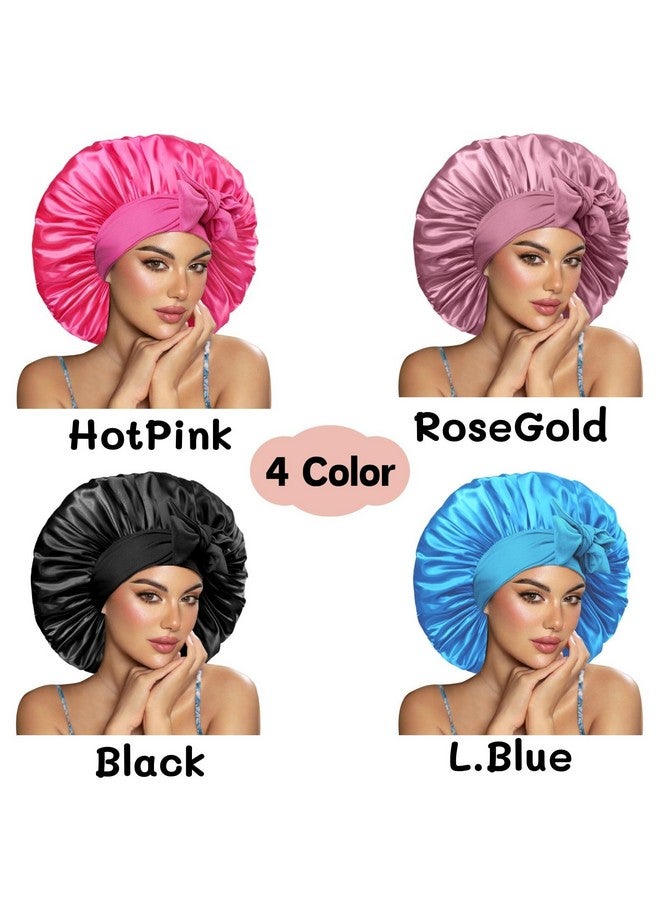 Cospack Silk Satin Hair Bonnet Cap: 4Pcs Sleeping Extra Large Bonnets Sleep With Adjustable Band For Braid Curly (Black&Rosegold&L.Blue&Hotpink) - Image 2