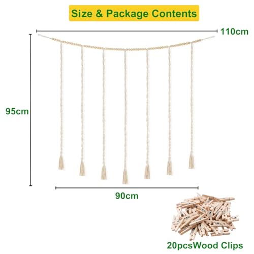 ecofynd Berlin Macrame Photo Display Wall Hanging, Picture Organizer with 20 Wooden Clips, Boho Aesthetic Home Decor, Bohemian Rectangular Frame for Bedroom Living Room Items (BH040), 20 x 040 inch - Image 4