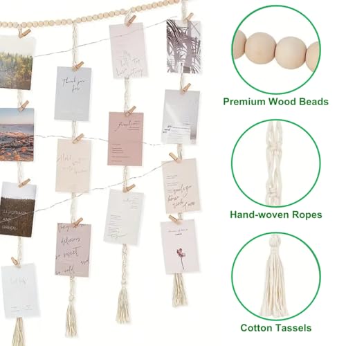 ecofynd Berlin Macrame Photo Display Wall Hanging, Picture Organizer with 20 Wooden Clips, Boho Aesthetic Home Decor, Bohemian Rectangular Frame for Bedroom Living Room Items (BH040), 20 x 040 inch - Image 2