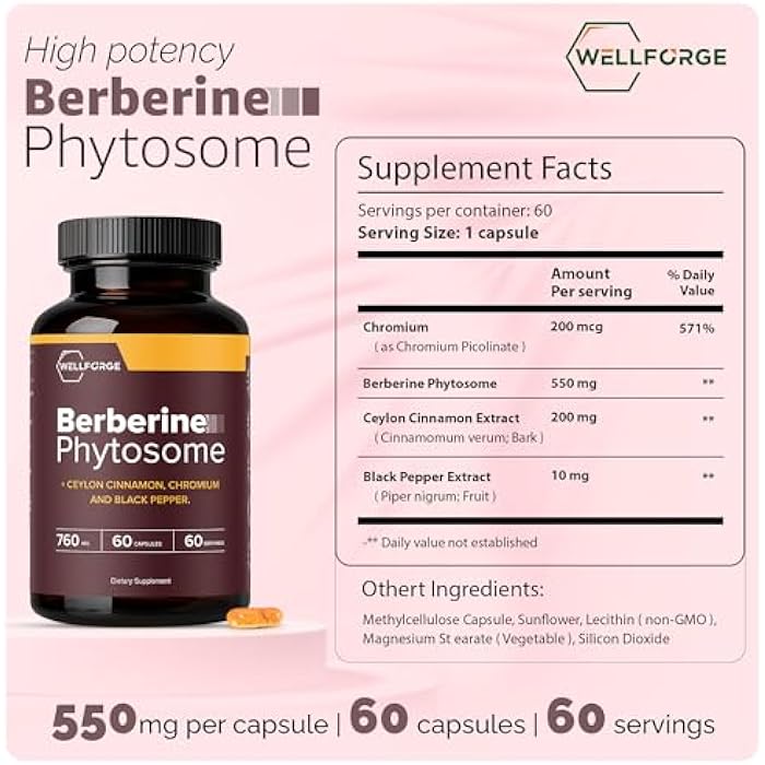 Berberine Phytosome 550mg, 60 Capsules - with Ceylon Cinnamon (200mg), Chromium (200mcg) & Black Pepper Extract (10mg) - Image 2