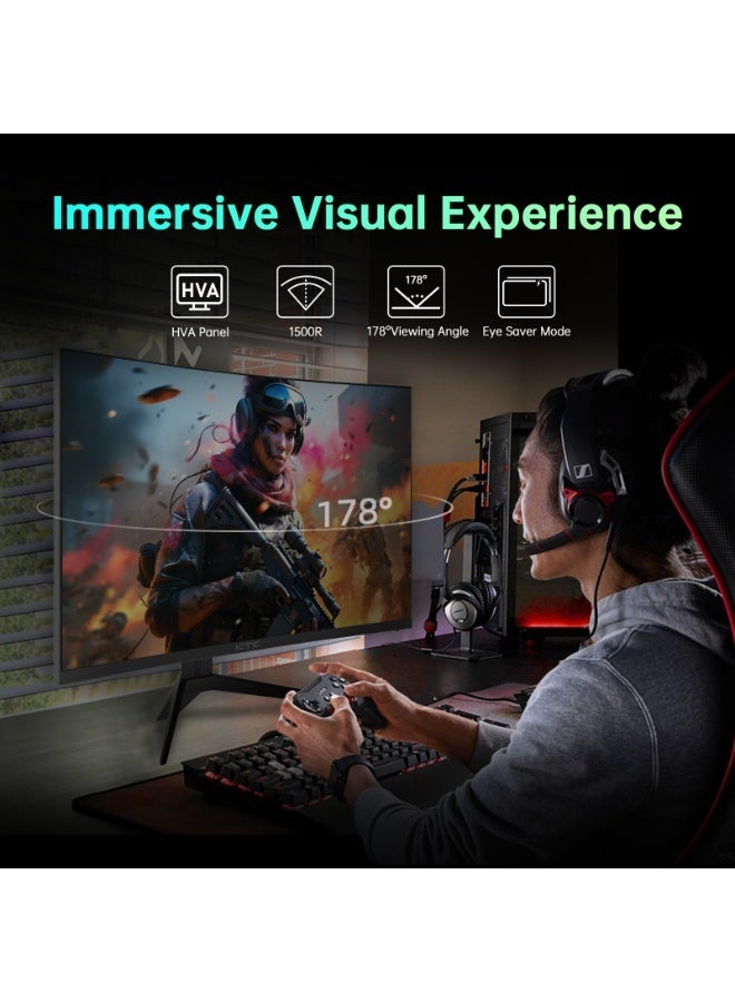 شاشة ألعاب KTC منحنية مقاس 32 بوصة، معدل تحديث 180 هرتز، QHD (2560x1440 بكسل) 1 مللي ثانية MPRT، شاشة كمبيوتر 2K، شاشة 1500R HVA، FreeSync Premium، HDR، 120% sRGB، DisplayPort/HDMI/USB، دعم Vesa، شاشة كمبيوتر للاعبين - Image 3