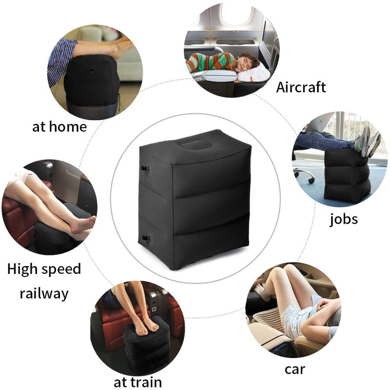 ZIQIAN Inflatable Travel Foot Rest Pillow Portable Adjustable Three Layers Height Foot Stool for Airplanes Cars Home Trains Office to Lay Down or Sleep on Long Flights with Pump Black2PACK - Image 3