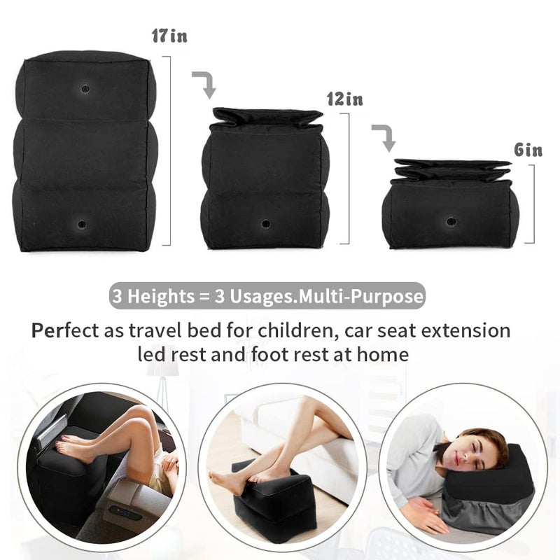 ZIQIAN Inflatable Travel Foot Rest Pillow Portable Adjustable Three Layers Height Foot Stool for Airplanes Cars Home Trains Office to Lay Down or Sleep on Long Flights with Pump Black2PACK - Image 2