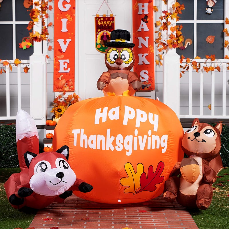 Joiedomi 6 FT Tall Thanksgiving Inflatable Turkey on Pumpkin Inflatable Racoon and Squirrel with Buildin LEDs Blow Up Inflatables for Thanksgiving Party Outdoor Yard Garden Lawn Fall Decorations