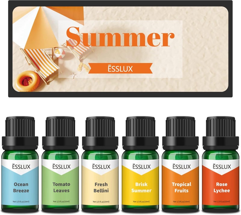 Summer Fragrance Oils Set - Essential Oil Soap Candle Making Scents, for Diffusers for Home, 6 x 10ml, Brisk Summer, Ocean Breeze, Tropical Fruits, Rose Lychee, Tomato Leaves, Fresh Bellini - Image 1