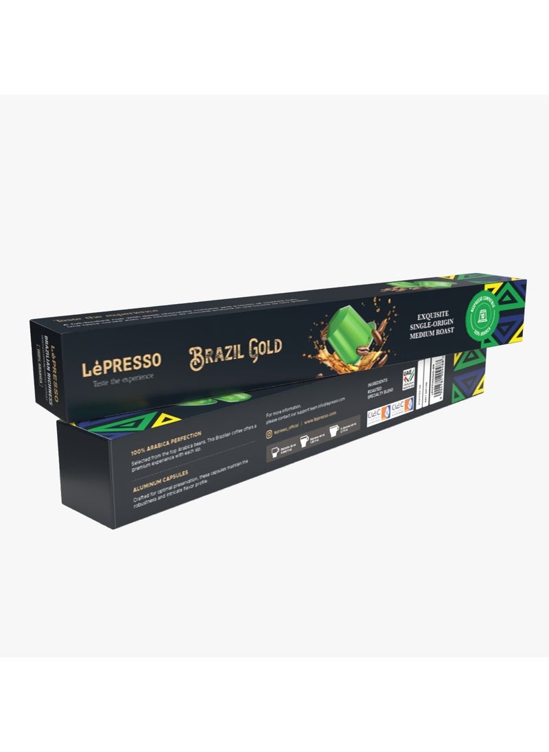 LePRESSO Aluminum Capsules for Nespresso Blended 10pc Brazil Gold Chocolate and Roasted Nuts Flavor /Roasted Ground  Coffee Capsules / 100% Arabica Perfection / Aluminum Capsules / Medium Roast - Green  - Image 5