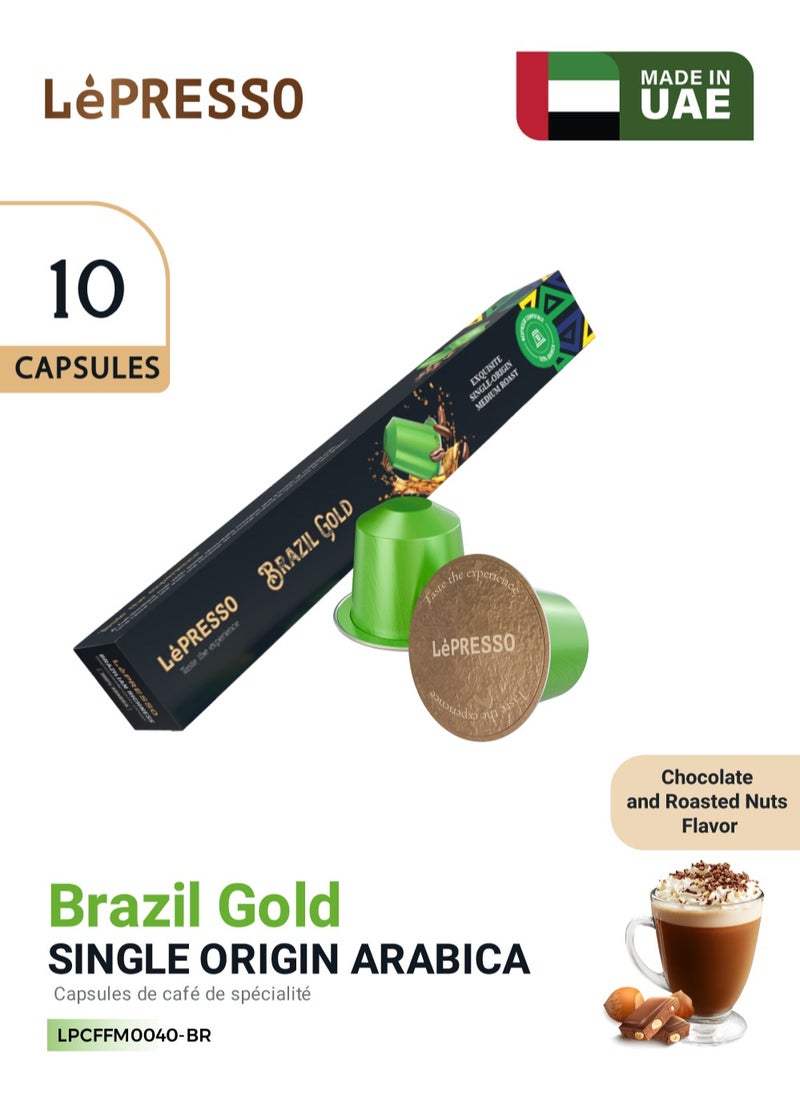 LePRESSO Aluminum Capsules for Nespresso Blended 10pc Brazil Gold Chocolate and Roasted Nuts Flavor /Roasted Ground  Coffee Capsules / 100% Arabica Perfection / Aluminum Capsules / Medium Roast - Green  - Image 1