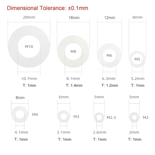QTEATAK 510 Pcs White Nylon Flat Washer Assortment Kit for Electrical Connections on Household & Commercial Appliances, (M2 M2.5 M3 M4 M5 M6 M8 M10) - Image 3
