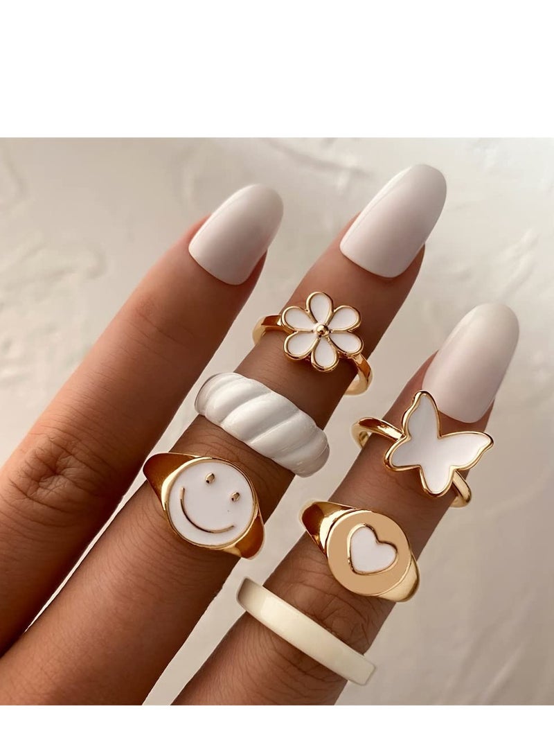 KASTWAVE Rings Aesthetic Rings for Girls Women Y2K Preppy Jewelry Gold Stackable Joint Finger Rings for Teen Girls Smiley Face Butterfly Flower Rings Pack Gift for Her - Image 2
