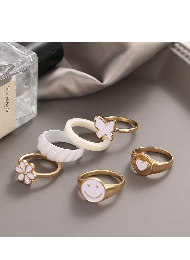KASTWAVE Rings Aesthetic Rings for Girls Women Y2K Preppy Jewelry Gold Stackable Joint Finger Rings for Teen Girls Smiley Face Butterfly Flower Rings Pack Gift for Her - Image 5