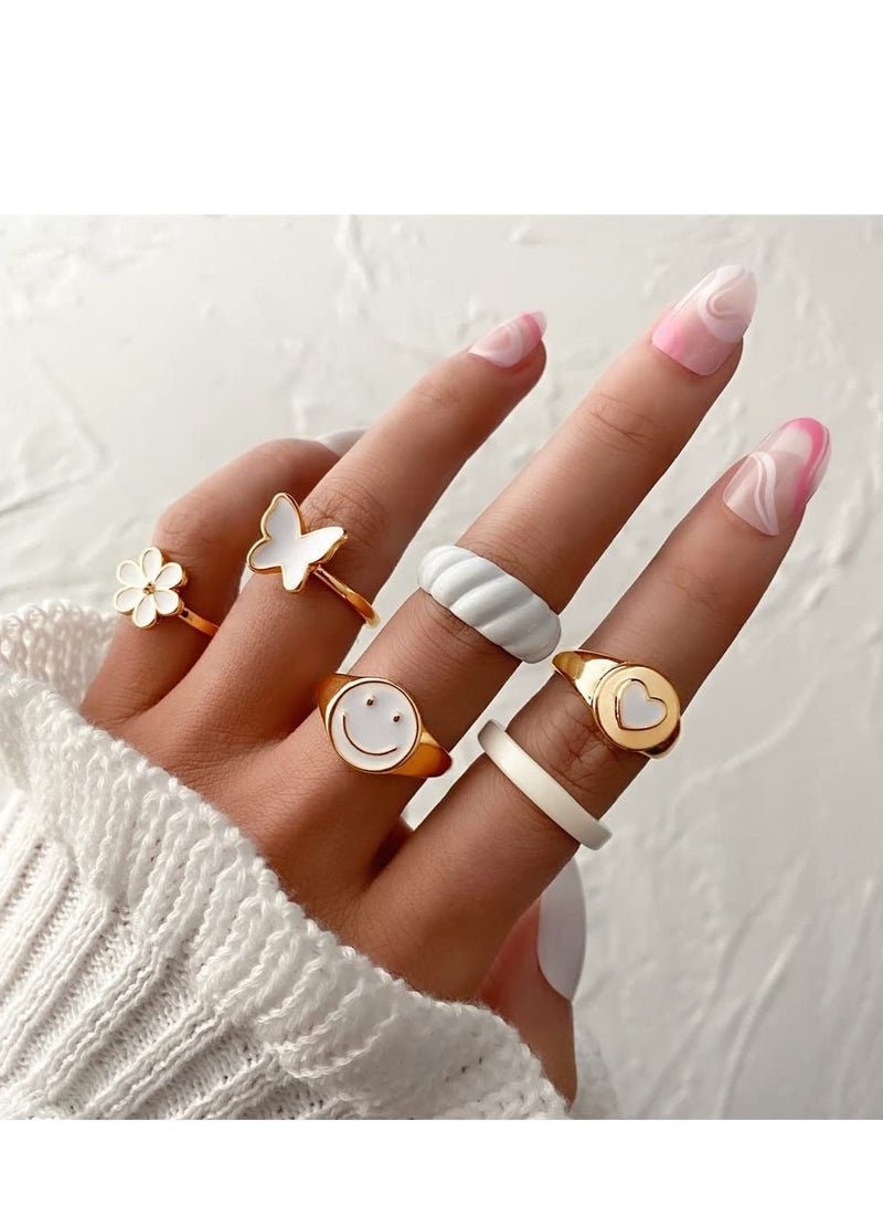 KASTWAVE Rings Aesthetic Rings for Girls Women Y2K Preppy Jewelry Gold Stackable Joint Finger Rings for Teen Girls Smiley Face Butterfly Flower Rings Pack Gift for Her - Image 1