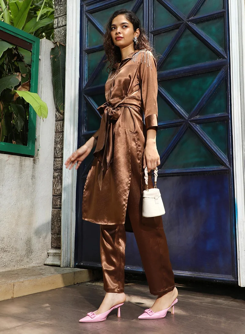 Qissa  Women's Chocolate Brown Satin Tie-Up Kurta With Trousers For Casual Wear | Spread Collar | Long Sleeve | 2 Piece Kurta Set Designed With Comfort Fit For Everyday Ethnic Wear for Women | Best Price UAE