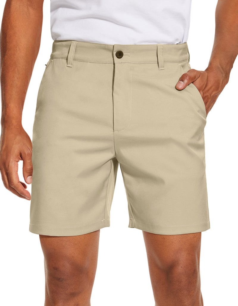 PULI Mens Golf Shorts 7 inch Inseam Casual Flat Front Dress Shorts Hybrid Surfing Hiking Fishing Relaxed Fit with Pockets Khaki 32 - Image 1
