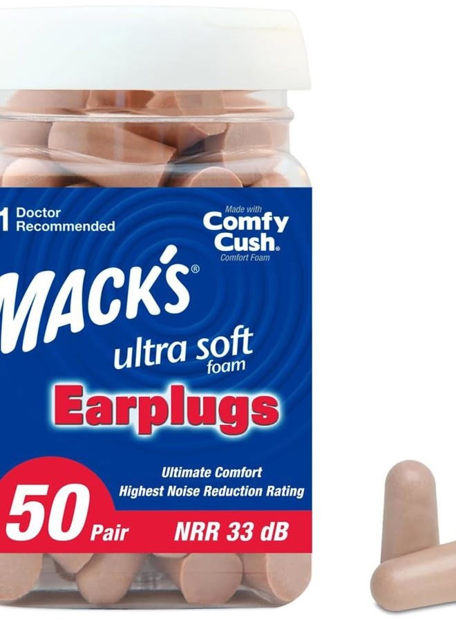 Mack's سدادات أذن فوم فائقة النعومة، 50 زوج - 33 ديسيبل أعلى مستوى عزل، سدادات أذن مريحة للنوم، الشخير، السفر، الحفلات، الدراسة، الضوضاء العالية، العمل - Image 1