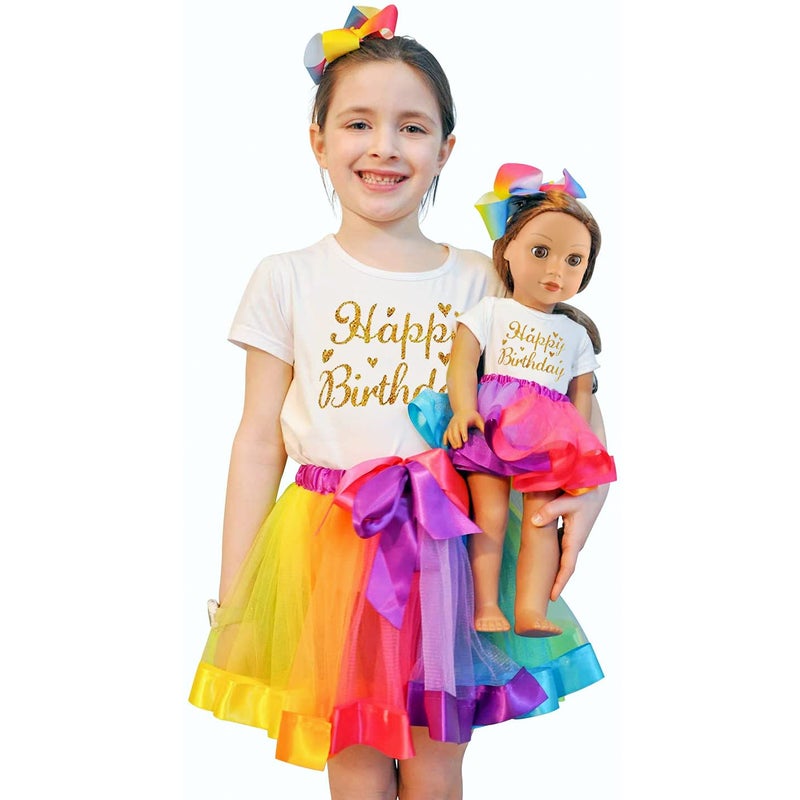 ZITA ELEMENT Rainbow Clothes and Hair Accessories for 18 Inch Girl Doll Matching Girls Outfits - 2 Cotton Shirts  2 Rainbow Tutu Skirts and 2 Bow Hair Clips for Kid Girl Birthday Gift. - Image 1