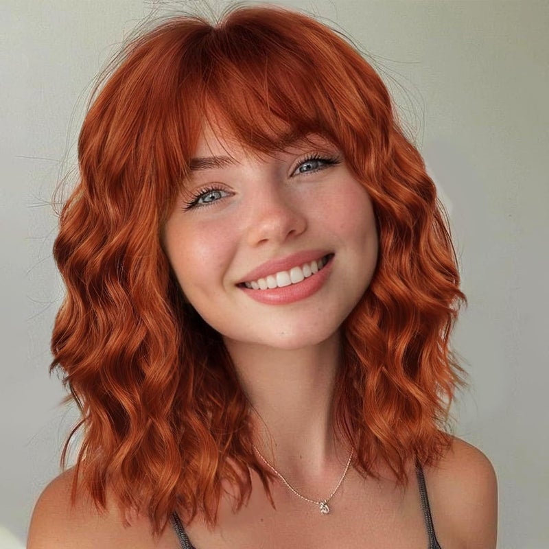 Nnzes Short Orange red Wavy Wig with Bangs for Women Shoulder Length Bob Curly Womens Charming Synthetic Wigs with Natural Wavy Wig Heat Resistant Hair for Daily Party Use