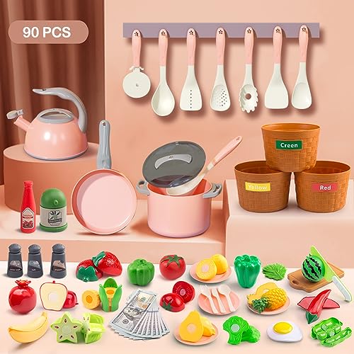 JOKERKING 90Pcs Kitchen Playset Accessories Pretend Cooking with Pots Pans Cookware Food Fruit Veges Color Sorting Baskets Prop Money Learning Gift for Girls Boys Toddlers Pink - Image 5