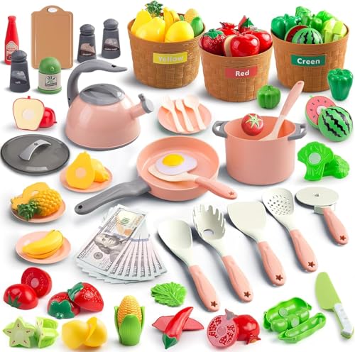 JOKERKING 90Pcs Kitchen Playset Accessories Pretend Cooking with Pots Pans Cookware Food Fruit Veges Color Sorting Baskets Prop Money Learning Gift for Girls Boys Toddlers Pink - Image 1