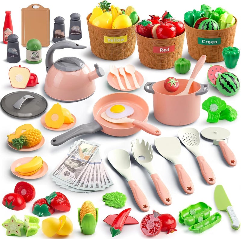 JOKERKING 90Pcs Kitchen Playset Accessories Pretend Cooking with Pots Pans Cookware Food Fruit Veges Color Sorting Baskets Prop Money Learning Gift for Girls Boys Toddlers Pink - Image 3