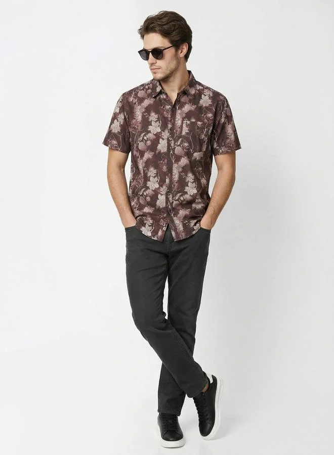 Take Two Men Brown Floral Print Short Sleeve Shirt By SNX