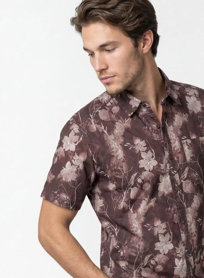 Take Two Men Brown Floral Print Short Sleeve Shirt By SNX