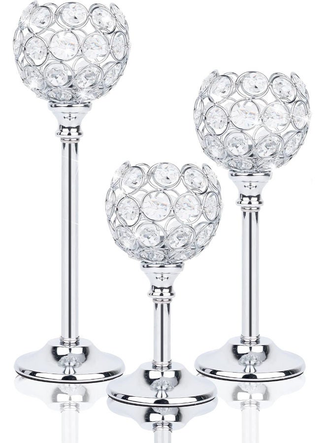 Tislyco Crystal Candle Holders Set Of 3 Candelabra, Silver Candle Holder Candlestick Holder For Wedding Decor, Dining Table, Silver Centerpiece Bridal Shower Coffee Table Decor