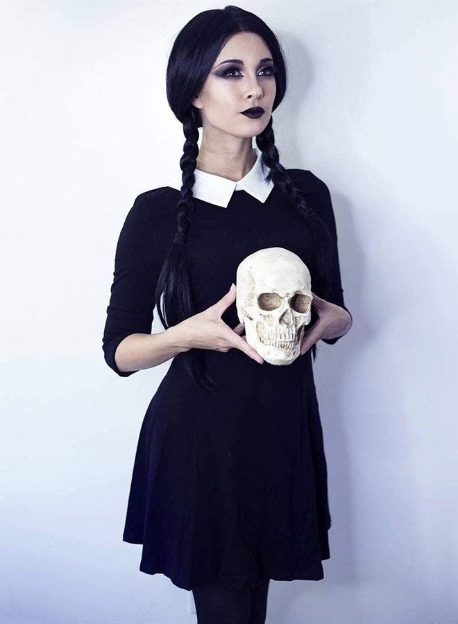 Braided Black Wig Costume Wed. Addams Black Braided Pigtail Wig Braids + Red Ribbons Costume Wig Halloween Costume