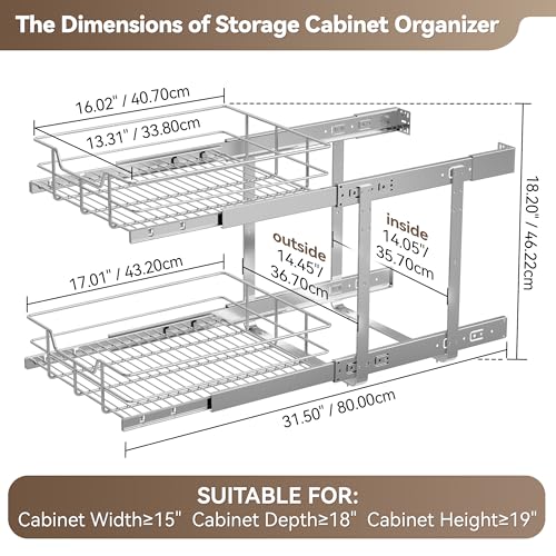 STORKING 2 Tier Pull Out Cabinet Organizer 15" W X 17" D, Slide Out Drawers for Kitchen Cabinets, Pull Out Drawers for Cabinets Capacity Heavy Duty Caddy, Cabinet Pullout Shelves Chrome-Plated,Bathroom Pantry - Image 2