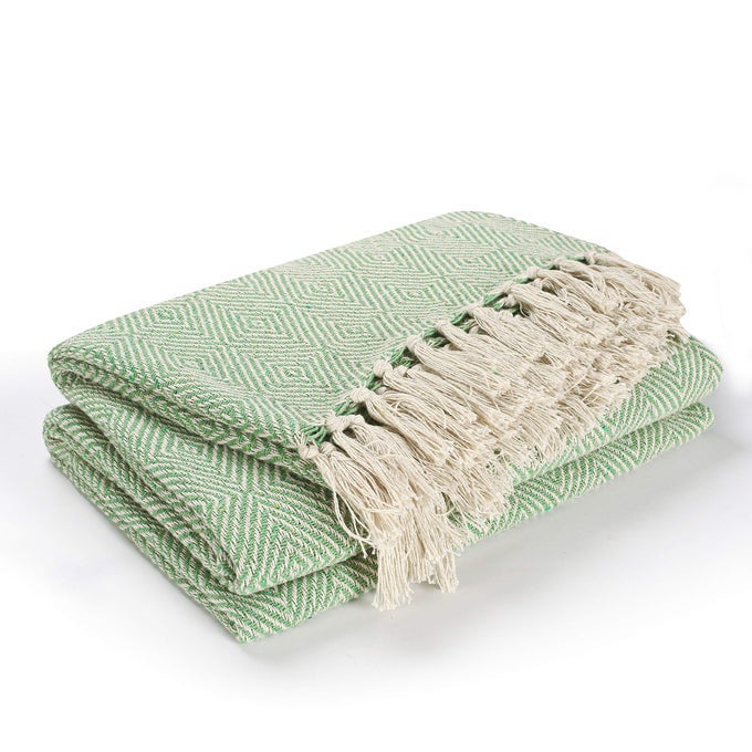 LUXURY REVERSIBLE SUPER SOFT COTTON DIAMOND LARGE THROW FOR SOFA DOUBLE BED ARMCHAIR GREEN 150 X 200 CM