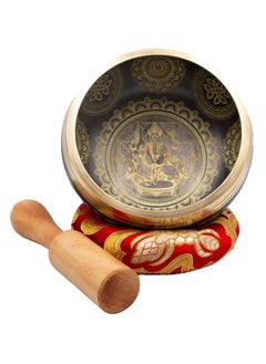 Alpine Crystals UAE Authentic Himalayan Ganesh Singing Bowl Single Set Golden Design Handcrafted in Nepal (325 grams) Includes Traditional Wooden Striker and Silk Cushion  - Image 1