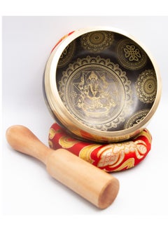 Alpine Crystals UAE Authentic Himalayan Ganesh Singing Bowl Single Set Golden Design Handcrafted in Nepal (325 grams) Includes Traditional Wooden Striker and Silk Cushion  - Image 2