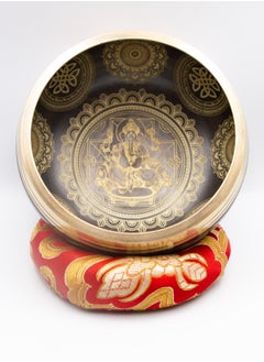 Alpine Crystals UAE Authentic Himalayan Ganesh Singing Bowl Single Set Golden Design Handcrafted in Nepal (325 grams) Includes Traditional Wooden Striker and Silk Cushion  - Image 4