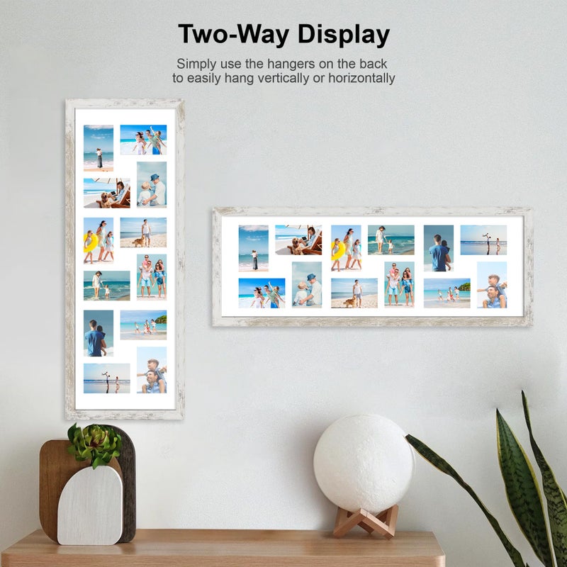 Hongkee 12x36 Picture Frame 2 Packs, Real Glass and Distressed White Wood Frame, Display Collage Pictures Twelve 4x6 With Mat or Pennant 12 x 36 Without Mat - Horizontal or Vertical Wall Mounting - Image 3
