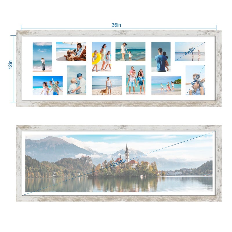Hongkee 12x36 Picture Frame 2 Packs, Real Glass and Distressed White Wood Frame, Display Collage Pictures Twelve 4x6 With Mat or Pennant 12 x 36 Without Mat - Horizontal or Vertical Wall Mounting - Image 2