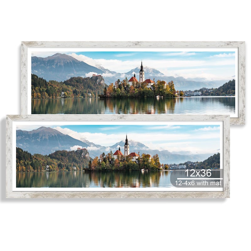 Hongkee 12x36 Picture Frame 2 Packs, Real Glass and Distressed White Wood Frame, Display Collage Pictures Twelve 4x6 With Mat or Pennant 12 x 36 Without Mat - Horizontal or Vertical Wall Mounting - Image 1