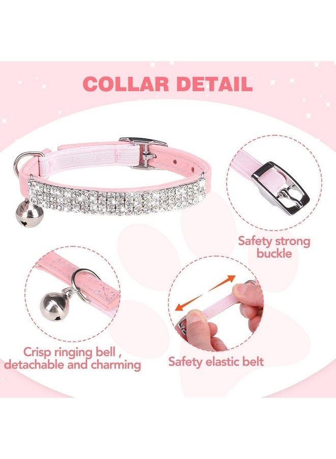 BINGPET Diamond Cat Collar,Adjustable Soft Velvet Leather Safe Kitten Collar with Shiny Rhinestones and Bells,Girl Boy Bling Stylish Cat Collars with Safety Elastic for Small Medium Cats,Pink