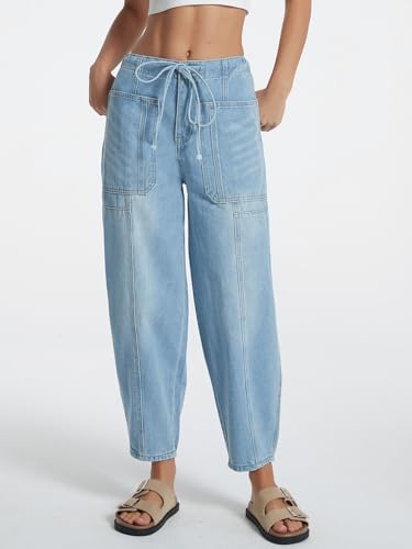 LifeShe Women's Wide Leg Baggy Jeans Elastic Waist Barrel Jeans Trendy Loose Drawstring Ankle Denim Pants Light Blue - Image 3