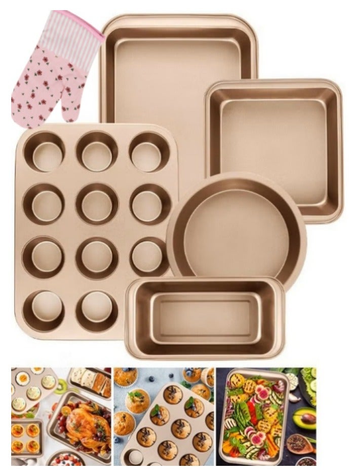 Nonstick Bakeware Set 5 PCS Baking Pans Set（with One Glove)- Pizza Tray, Round/Square Pans, Loaf Pan, 12-Cup Muffin Pan Carbon Steel Baking Trays Oven Trays for Bakers Beginners  - Image 1